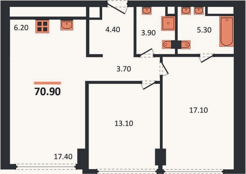 Планировка: 2-к, 70,9 м²