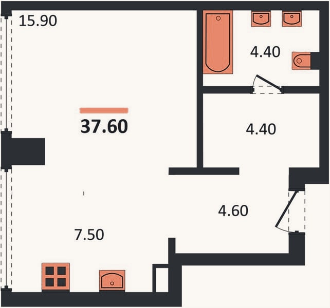 Планировка: Студия, 37,6 м²