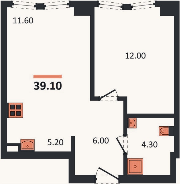 Планировка: 1-к, 39,1 м²