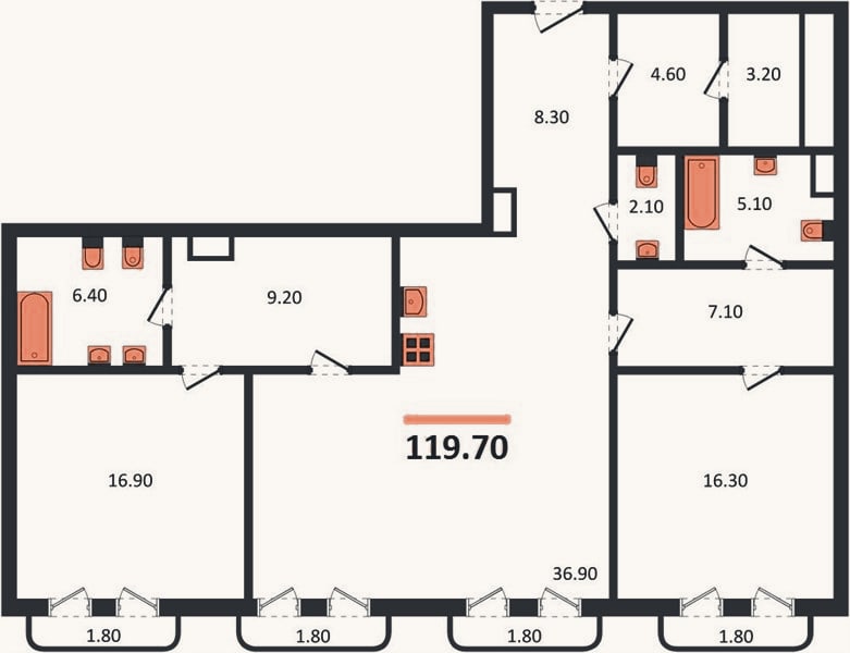 Планировка: 2-к, 119,7 м²