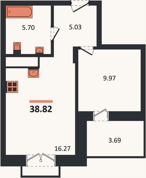 Планировка: 1-к, 38,8 м²