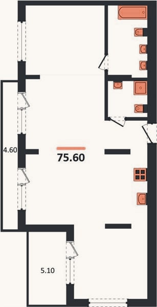 Планировка: 2-к, 75,6 м²
