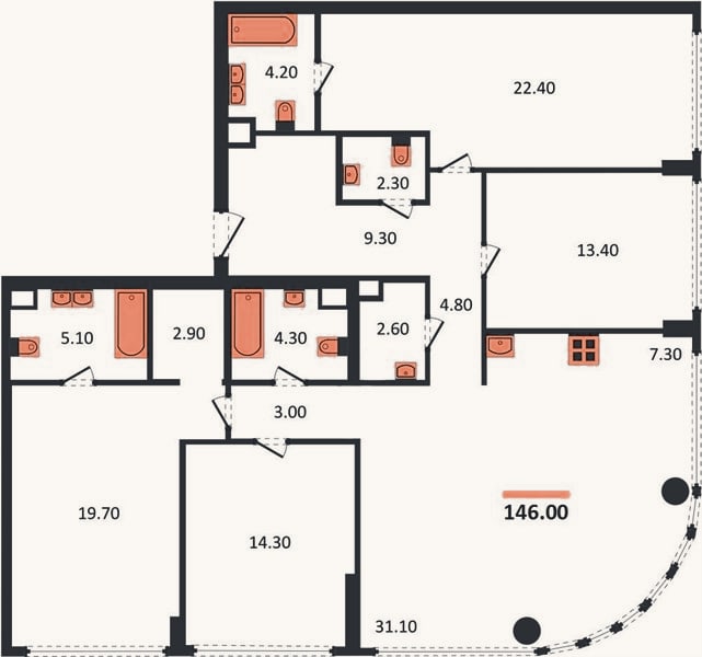 Планировка: 4+ к, 146 м²