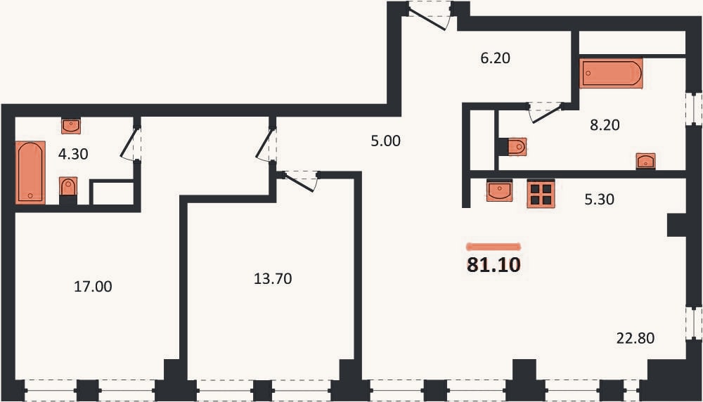 Планировка: 2-к, 81,1 м²