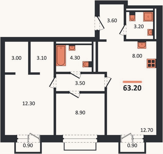 Планировка: 2-к, 63,2 м²
