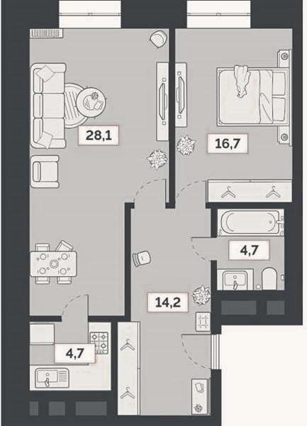 Планировка: 1-к, 68,6 м²
