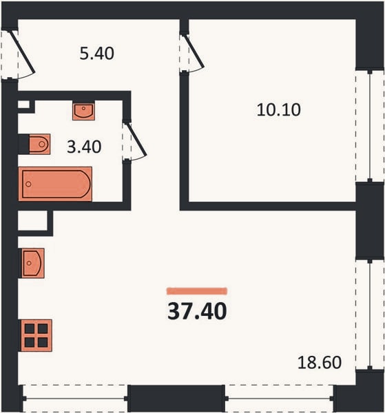 Планировка: 1-к, 37,4 м²