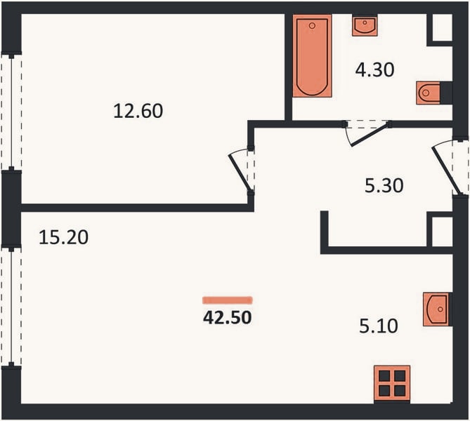 Планировка: 1-к, 42,5 м²