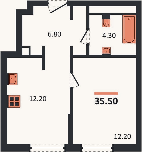 Планировка: 1-к, 35,5 м²