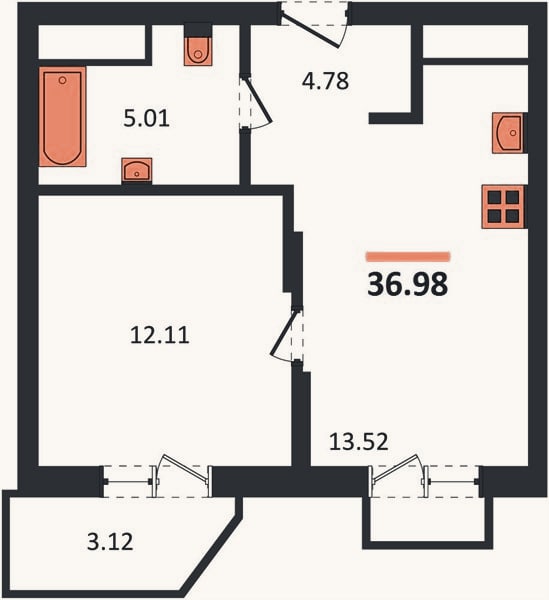 Планировка: 1-к, 37 м²