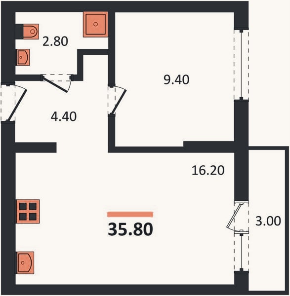 Планировка: 1-к, 35,8 м²