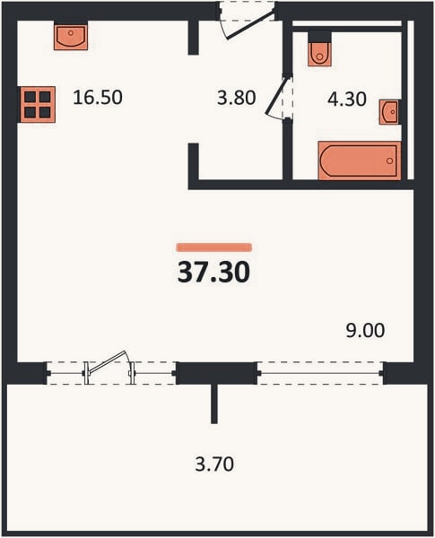 Планировка: Студия, 37,3 м²