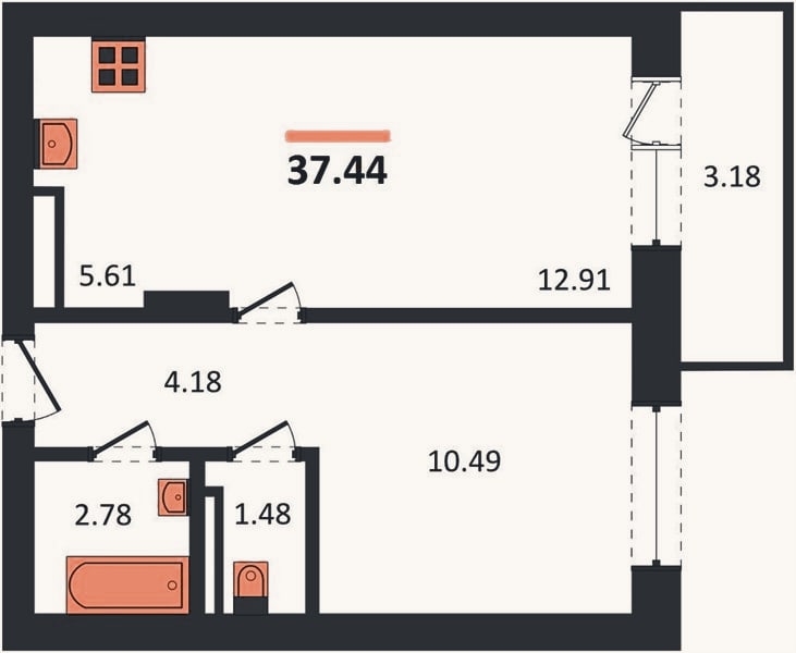 Планировка: 1-к, 37,4 м²