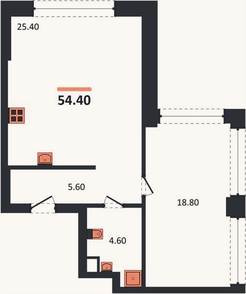 Планировка: 1-к, 54,4 м²