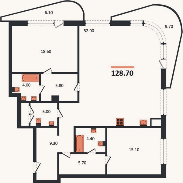 Планировка: 2-к, 128,7 м²