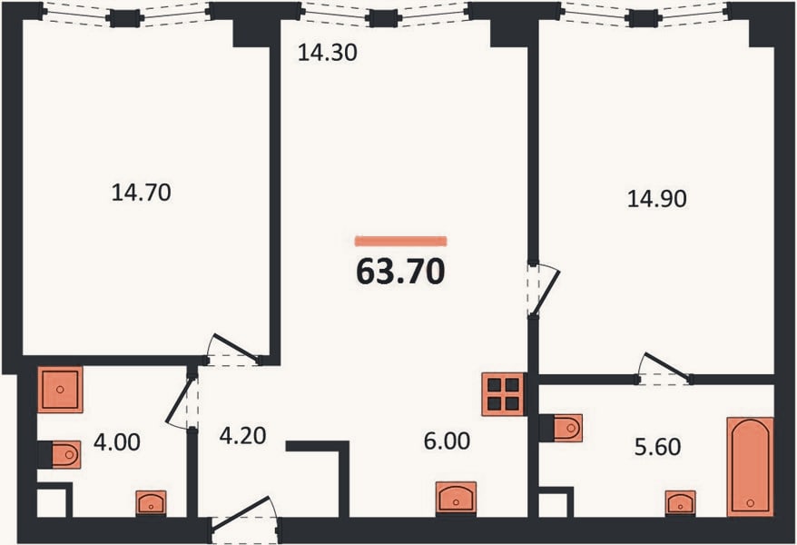 Планировка: 2-к, 63,7 м²