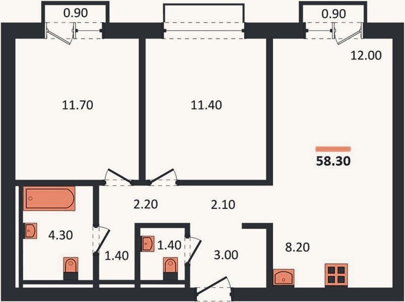 Планировка: 2-к, 58,3 м²