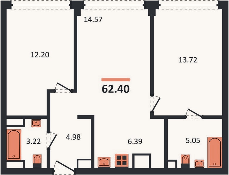 Планировка: 2-к, 62,4 м²