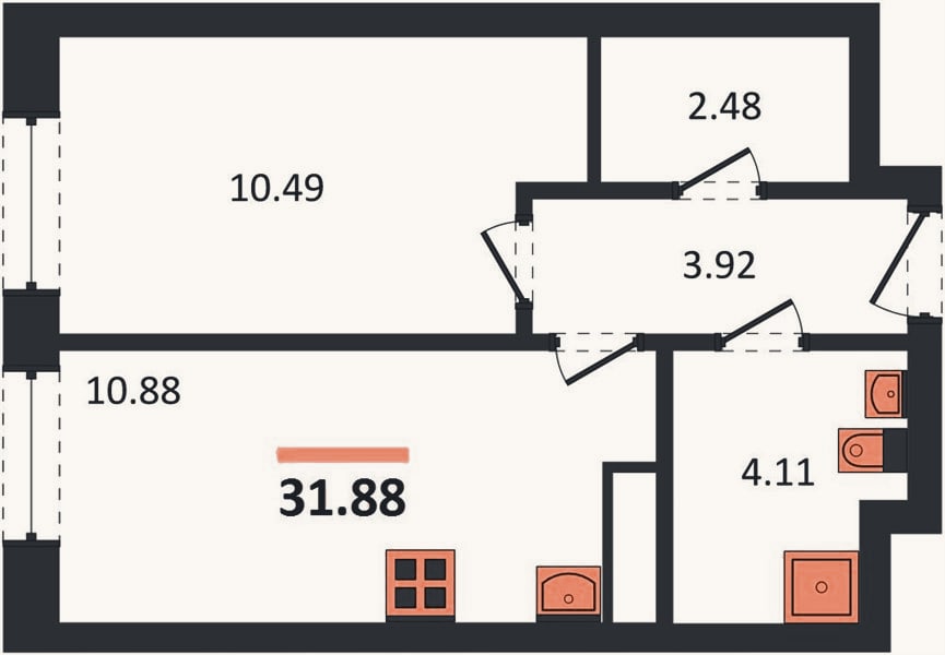 Планировка: 1-к, 31,9 м²