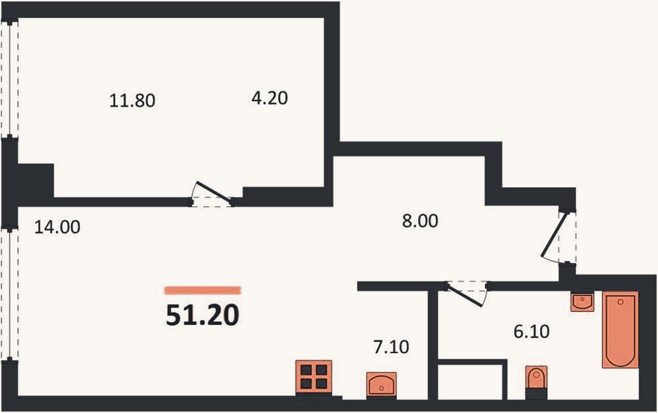 Планировка: 1-к, 51,2 м²