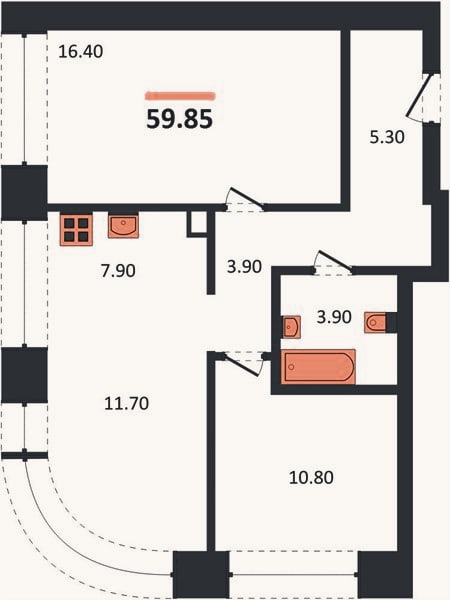 Планировка: 2-к, 59,9 м²