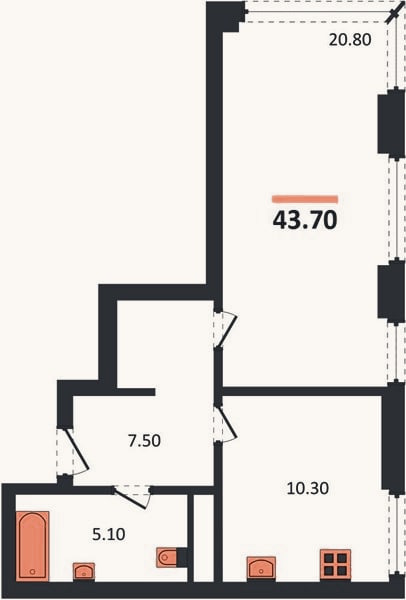 Планировка: 1-к, 43,7 м²