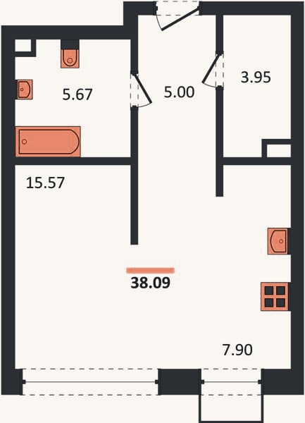 Планировка: Студия, 38,1 м²