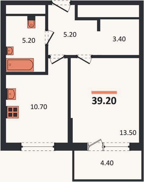 Планировка: 1-к, 39,2 м²
