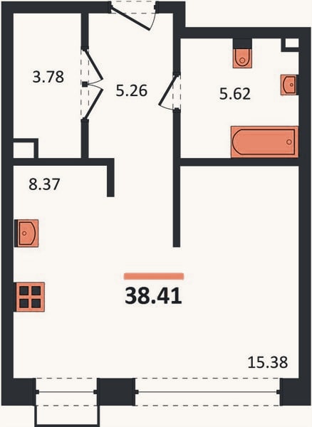 Планировка: Студия, 38,4 м²