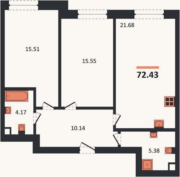 Планировка: 2-к, 72,4 м²