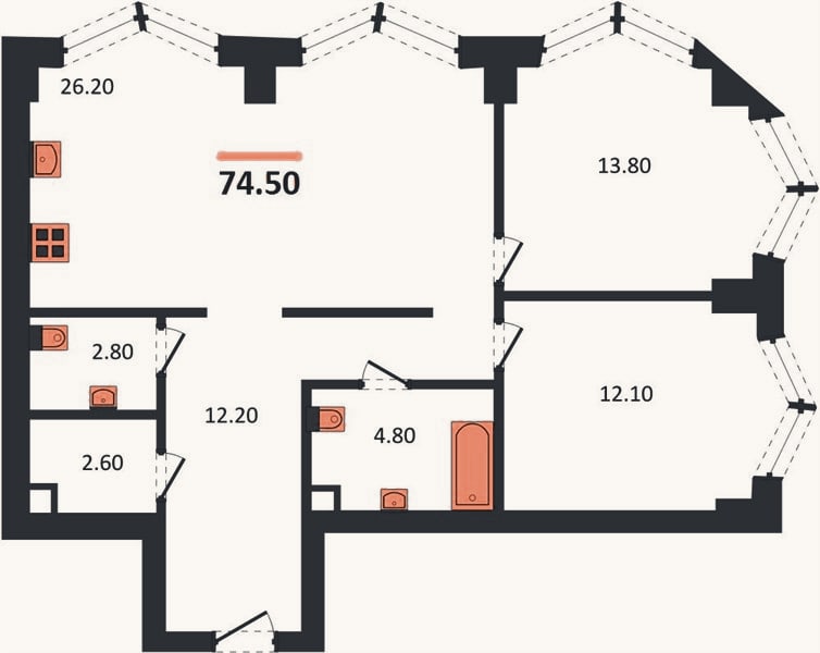 Планировка: 2-к, 74,5 м²