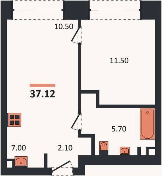 Планировка: 1-к, 37,1 м²