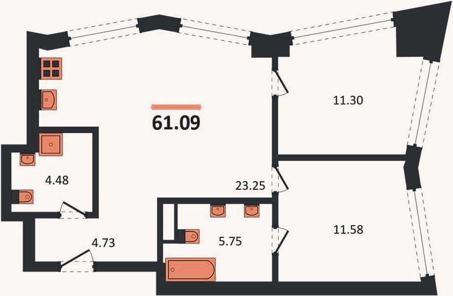 Планировка: 2-к, 61,1 м²