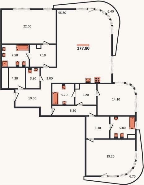 Планировка: 3-к, 177,7 м²