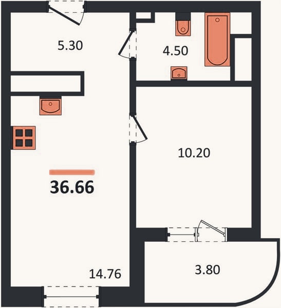 Планировка: 1-к, 36,7 м²
