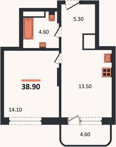 Планировка: 1-к, 38,9 м²
