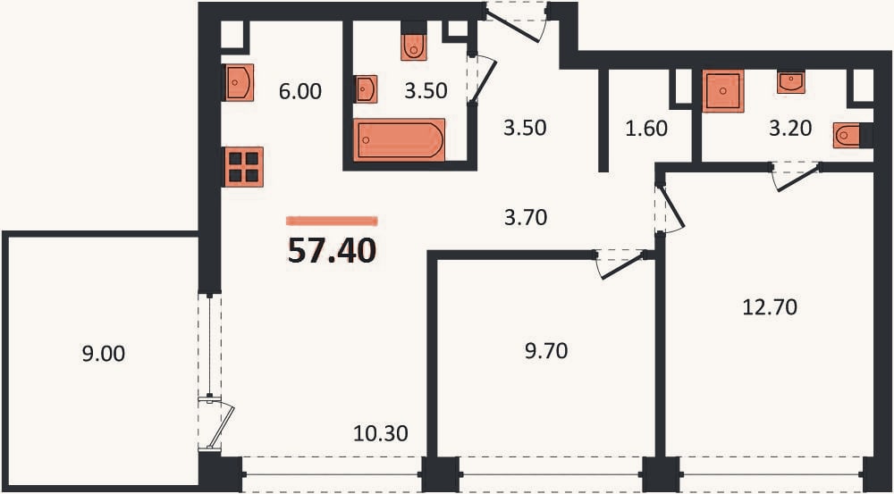Планировка: 2-к, 57,4 м²