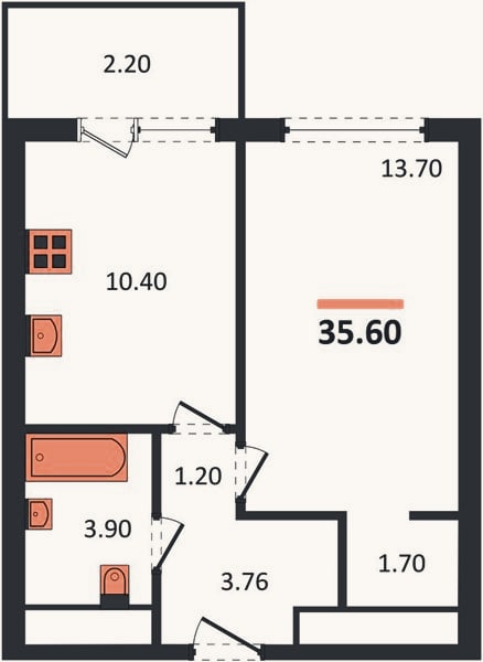Планировка: 1-к, 35,6 м²