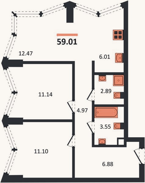 Планировка: 2-к, 59 м²