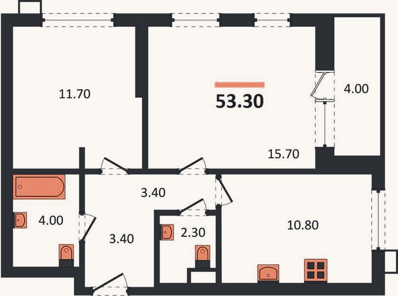 Планировка: 2-к, 53,3 м²