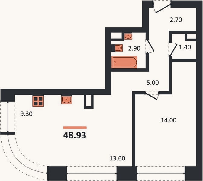 Планировка: 1-к, 48,9 м²