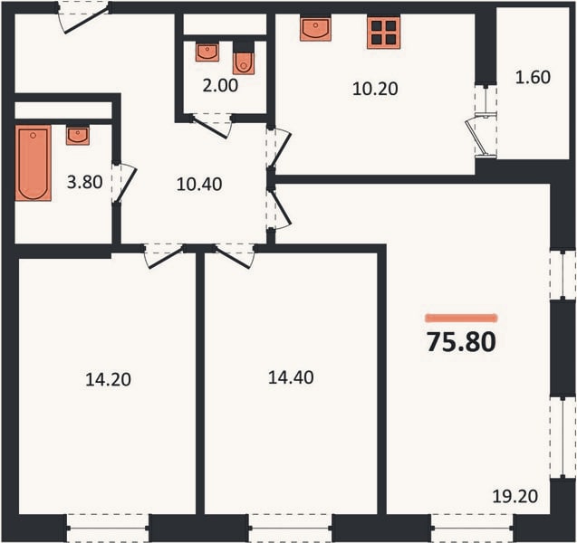Планировка: 3-к, 75,8 м²