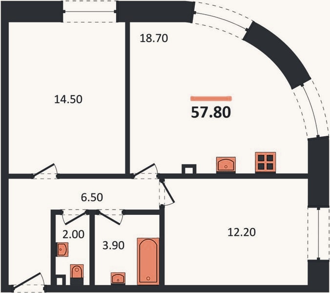 Планировка: 2-к, 57,8 м²