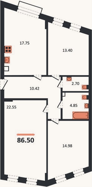 Планировка: 3-к, 86,5 м²
