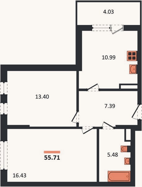 Планировка: 2-к, 55,7 м²