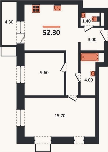 Планировка: 2-к, 52,3 м²