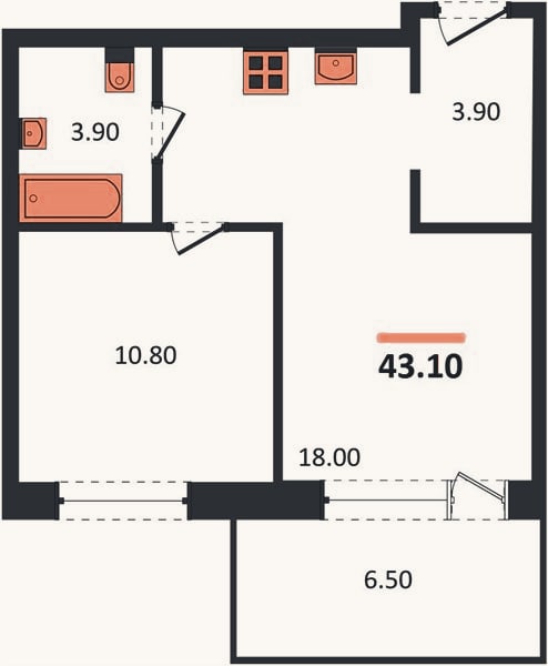 Планировка: 1-к, 43,1 м²