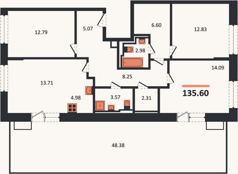 Планировка: 3-к, 135,6 м²