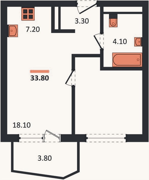 Планировка: 1-к, 33,8 м²