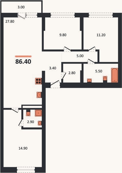 Планировка: 3-к, 86,4 м²